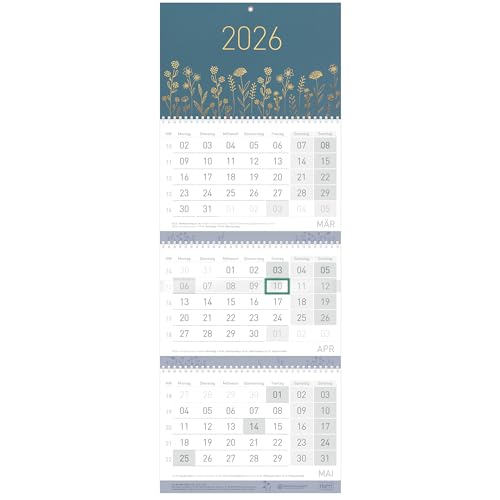 Häfft® 3-Monatskalender 2026 Wandkalender mit Schieber, Ferien DE & AT, Jahresübersicht, Bürokalender Wandplaner "Fine Flowers blue" - nachhaltig & klimafreundlich von Häfft