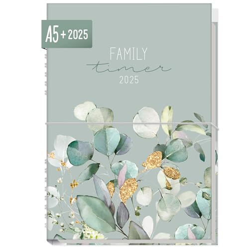 Häfft® Family-Timer 2025 A5+ "Minty Leaves" Familien-Kalender für 4 Personen, Familien-Planer 12 Monate: Jan bis Dez 25 - nachhaltig & klimafreundlich von Häfft