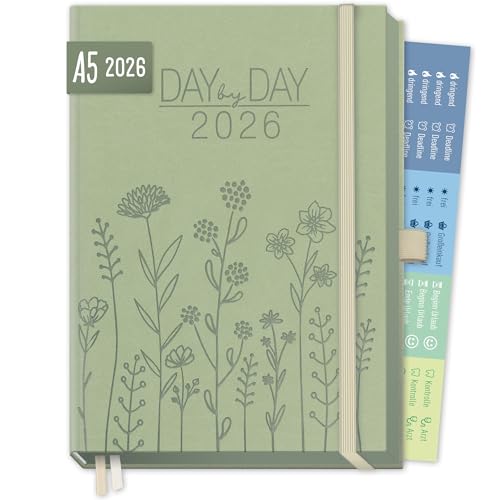 Häfft® Organizer Day by Day Deluxe 2026 A5 Tagesplaner Kalender mit 1 Tag pro Seite "Fine Flowers salbei" Buchkalender 2026 A5, Terminplaner - nachhaltig & klimafreundlich von Häfft