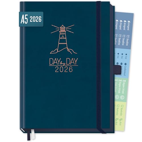 Häfft® Organizer Day by Day Deluxe 2026 A5 Tagesplaner Kalender mit 1 Tag pro Seite "Nachtblau" Buchkalender 2026 A5, Terminplaner - nachhaltig & klimafreundlich von Häfft