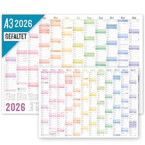 =Häfft® Wandkalender 2026 A3 gefalzt (42 x 29,7 cm) "Rainbow" Wandplaner mit Ferien-Übersicht und Feiertagen + gratis A4-Kalender - nachhaltig & klimafreundlich von Häfft