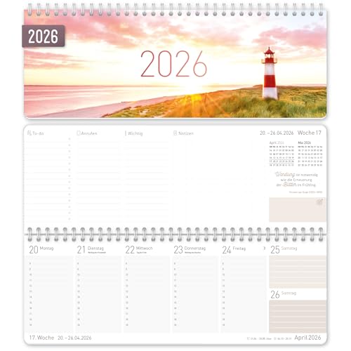 =Häfft® Wochen-Tischkalender 2026 quer "Leuchtturm" 1 Woche 2 Seiten, Schreibtisch-Kalender mit Sprüchen, Wochenkalender 29,7 x 11,6 cm - nachhaltig & klimafreundlich von Häfft