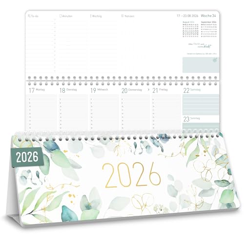 Häfft® Wochen-Tischkalender 2026 quer zum Aufstellen, 1 Woche 2 Seiten, Schreibtisch-Kalender mit Aufsteller "Blattgold" 29,7 x 11,6 cm - nachhaltig & klimafreundlich von Häfft