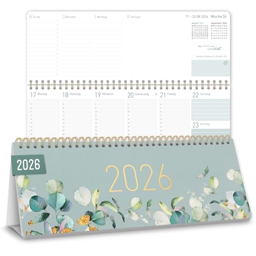 Häfft® Wochen-Tischkalender 2026 quer zum Aufstellen, 1 Woche 2 Seiten, Schreibtisch-Kalender mit Aufsteller "Minty Leaves" 29,7 x 11,6 cm - nachhaltig & klimafreundlich von Häfft