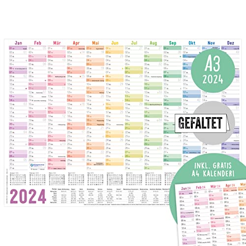 Häfft Wandkalender 2024 A3 (42 x 30 cm) gefalzt [Rainbow] für 12 Monate: Jan - Dez 2024 | Wandplaner mit Ferien-Übersicht und Feiertagen + extra A4-Kalender | nachhaltig & klimaneutral von Häfft