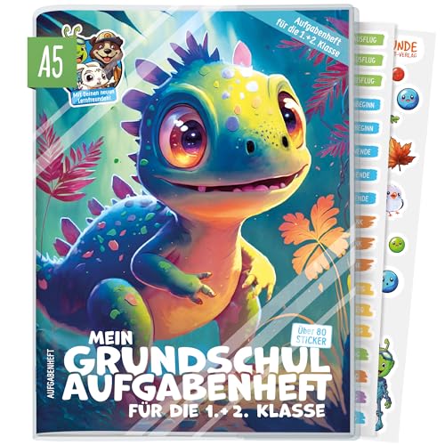 Hausaufgabenheft Grundschule A5 für die 1. + 2. Klasse ohne Datum [Kleiner Dino] mit Hülle -Aufgabenheft + Sticker, Lern- und Denkspiele - nachhaltig & klimaneutral von Häfft