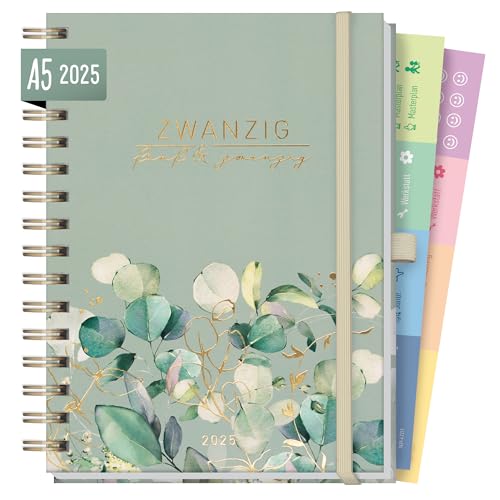 Kalender 2025 A5 Lieblings-Timer Deluxe [Minty Leaves] Terminplaner Ringbuch, Terminkalender, Spiralkalender, Wochenplaner, Planner | nachhaltig & klimaneutral von Häfft