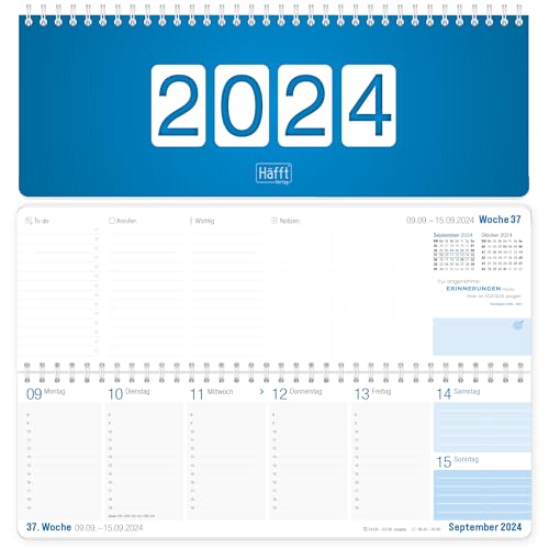 Wochen-Tischkalender 2024 [Königsblau] im Quer-Format |1 Woche 2 Seiten | Wochenkalender in Königsblau/Weiß, 29,5 x 10,5 cm | Schreibtisch-Kalender mit Sprüchen | nachhaltig & klimaneutral von Häfft