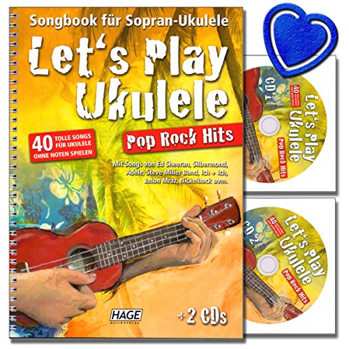 Let's Play Ukulele - Songbook für Sopran-Ukulele mit 2 CDs - Sammlung von 40 bekannten und beliebten Hits - Lehrprogramm/Lehrvideo mit bunter herzförmiger Notenklammer von Hage