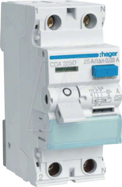 HAGER CDA225D - FI-Schutzschalter 2 polig 6kA 25 A 30mA Typ A HAGER CDA225D - FI-Schutzschalter 2 polig 6kA 25 A 30mA Typ A von Hager