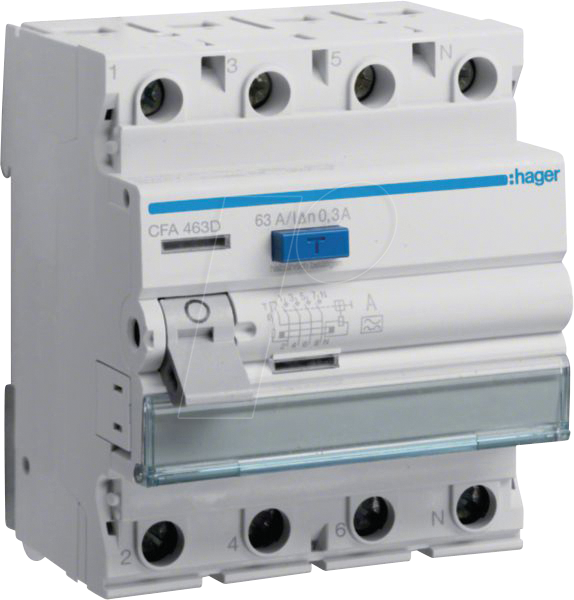 HAGER CFA463D - Fehlerstromschutzschalter 4 polig 6kA 63A 300mA Typ A von Hager