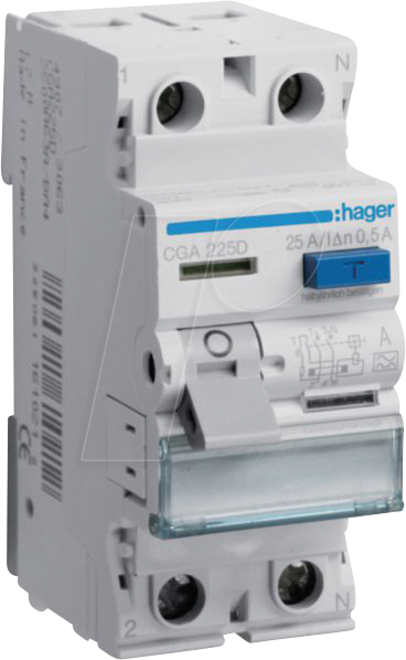 HAGER CGA225D - Fehlerstromschutzschalter 2 polig 6kA 25 A 500mA Typ A von Hager