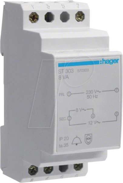 HAGER ST303 - Klingeltrafo 230V / 8V und 12V 8VA 2PLE HAGER ST303 - Klingeltrafo 230V / 8V und 12V 8VA 2PLE von Hager
