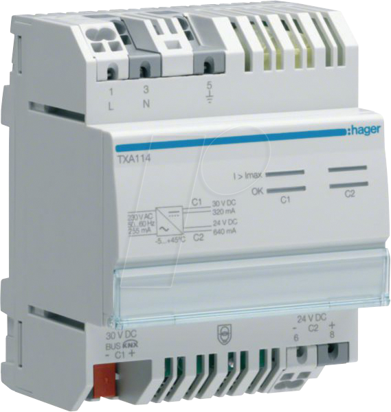 HAGER TXA114 - Spannungsversorgung KNX mit 1 Drossel 320mA + 1 Ausg. 24VDC von Hager