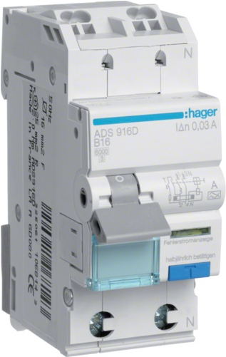 Hager ADS916D. Eingangsspannung: 240 V, Nennstrom: 16 A, Spulenspannung: 500 V. Typ: A-type, Produktfarbe: Blau, Weiß. Breite: 35 mm, Tiefe: 68 mm, Höhe: 94 mm (ADS916D) von Hager
