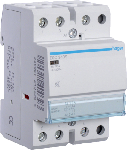 Hager Elektroinstallation. Kontakt Strombelastbarkeit: 40 A, Kabelquerschnitt: 4/16 mm², Temperaturbereich in Betrieb: -10 - 50 °C. AC Eingangsspannung: 230 V, AC Eingangsfrequenz: 50/60 Hz (ESC340S) von Hager