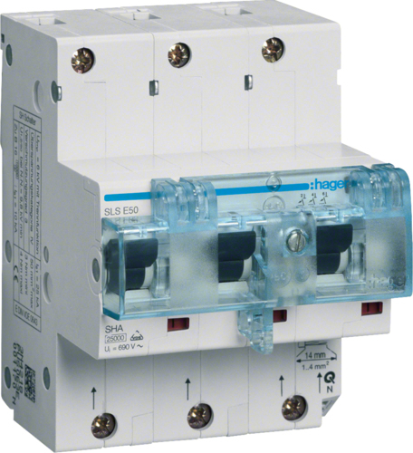 Hager HTN350E. Nennstrom: 50 A. Module Menge (max): 4,5 Modul(e). Breite: 85 mm, Tiefe: 81 mm, Höhe: 110 mm (HTN350E) von Hager