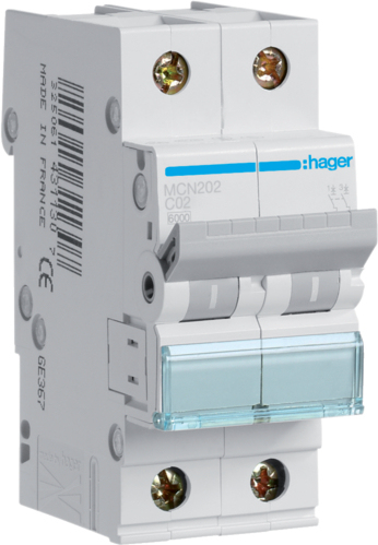 Hager MCN202. Anzahl der Pole: 2P. AC Eingangsfrequenz: 50/60 Hz, Nominale Stromabgabe: 2 A. Breite: 35 mm, Tiefe: 70 mm, Höhe: 83 mm (MCN202) von Hager