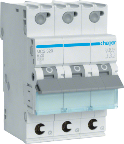 Hager MCS320. Nennstrom: 20 A, AC Eingangsfrequenz: 50/60, Nominale Stromabgabe: 20 A. Typ: C-type, Module Menge (max): 3 Modul(e). Breite: 52,5 mm, Tiefe: 70 mm, Höhe: 83,4 mm (MCS320) von Hager