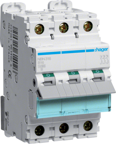 Hager NBN316. Anzahl der Pole: 3P. AC Eingangsfrequenz: 50/60 Hz, Nominale Stromabgabe: 16 A. Breite: 52,3 mm, Tiefe: 70 mm, Höhe: 83 mm (NBN316) von Hager