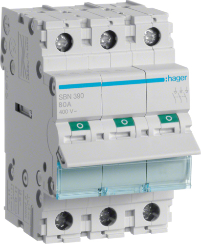 Hager SBN390. Nennstrom: 100 A, Spulenspannung (max): 440 V. Module Menge (max): 3 Modul(e). Breite: 52,5 mm, Tiefe: 68 mm, Höhe: 83 mm (SBN390) von Hager