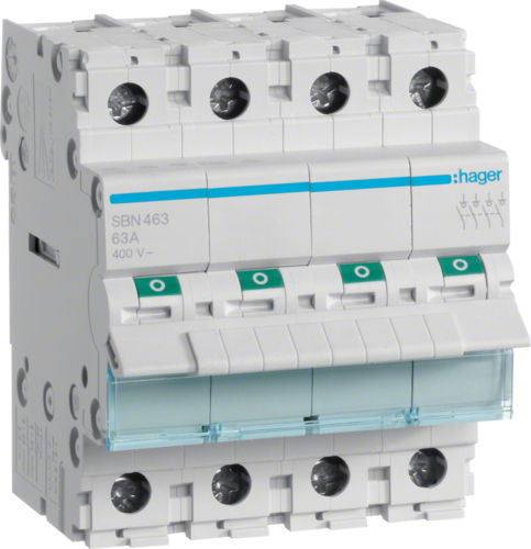 Hager SBN463. Nennstrom: 63 A, Spulenspannung (max): 440 V. Module Menge (max): 4 Modul(e), Internationale Schutzart (IP-Code): IP20. Tiefe: 70 mm, Höhe: 83 mm (SBN463) von Hager