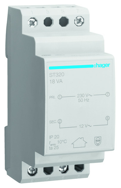 Hager ST320 Sicherheitstrafo 230V/12V 18VA 2PL Hager ST320 Sicherheitstrafo 230V/12V 18VA 2PL von Hager