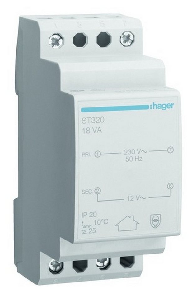 Hager Trafo (Sicherheitstrafo 230V 12V 1,5A REG 2TE geeignet für Reiheneinbau) von Hager