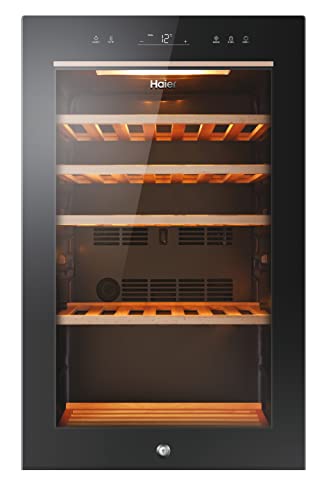 Haier HWS49GA Weinkühlschrank / 49 Flaschen / 82 cm Höhe / 1 Zone/hOn-App/UV-undurchlässige Glastür / 4 Holzablagen / 3D-LED Beleuchtsystem/Vibrationsarmer Kompressor, Schwarz von Haier