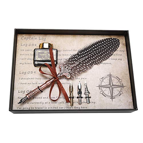 Hakeeta Federkiel und Tinte Set,Retro Federstift mit 3 Ersatzspitzen,Feather Dip Pen Ink Bottle Set mit 5 Stahl Ersatz,Federn und Dip Ink Bottle in Vintage Geschenkbox für antike Kalligraphie von GREAT BRITISH TRADING LIMITED