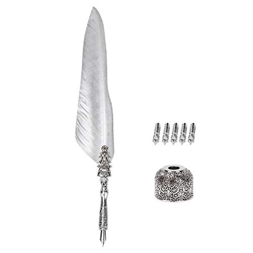 Quill Pen Set, Vintage Füllfederhalter, Quill Dip Pen, natürliche Federn, einzigartige Feder, für Festival vorhanden, Geburtstagsgeschenk, mit Schreibfeder + Halter(silber 2) von Hakeeta