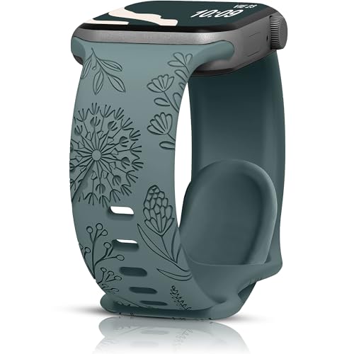 HalfYue Florales Graviertes Armband Kompatibel mit Apple Watch Armband 42mm 44mm 45mm 49mm für Männer/Frauen, Verstellbares Weicher florales Silikongurt für iWatch Series 9/8/7/6/5/4/3/2/1/Ultra2/SE von HalfYue
