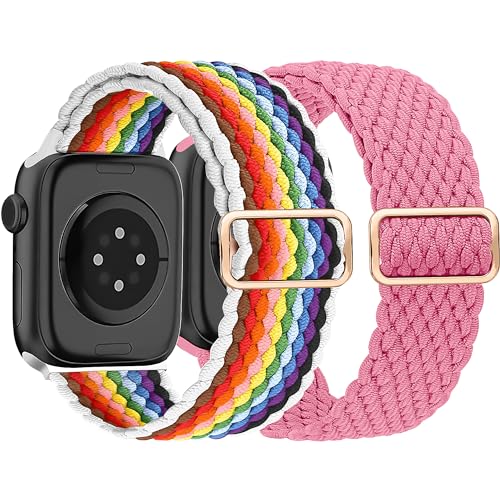 HalfYue Geflochtenes Armband Kompatibel mit Apple Watch Armband 38mm 40mm 41mm für Männer/Frauen, Verstellbares Elastisches Nylon Armband für iWatch Series 9/8/7/6/5/4/3/2/1/Ultra2/SE, 2 Stück von HalfYue