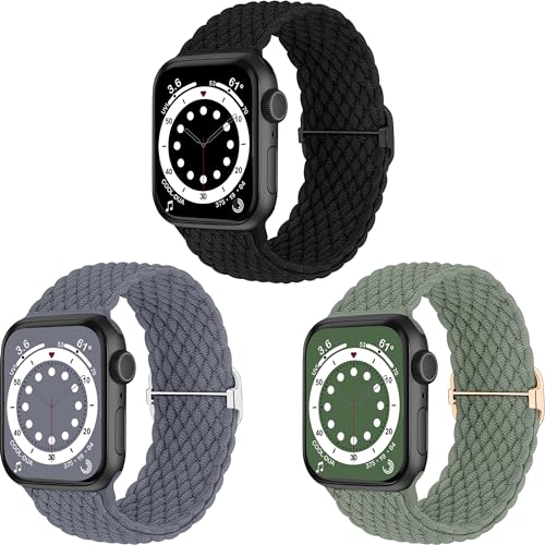 HalfYue Geflochtenes Armband Kompatibel mit Apple Watch Armband 38mm 40mm 41mm für Männer/Frauen, Verstellbares Elastisches Nylon Armband für iWatch Series 9/8/7/6/5/4/3/2/1/Ultra2/SE, 3 Stück von HalfYue