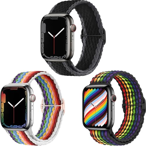 HalfYue Geflochtenes Armband Kompatibel mit Apple Watch Armband 38mm 40mm 41mm für Männer/Frauen, Verstellbares Elastisches Nylon Armband für iWatch Series 9/8/7/6/5/4/3/2/1/Ultra2/SE, 3 Stück von HalfYue