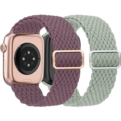 HalfYue Geflochtenes Armband Kompatibel mit Apple Watch Armband 42mm 44mm 45mm 49mm für Männer/Frauen, Verstellbares Elastisches Nylon Armband für iWatch Series 9/8/7/6/5/4/3/2/1/Ultra2/SE, 2 Stück von HalfYue