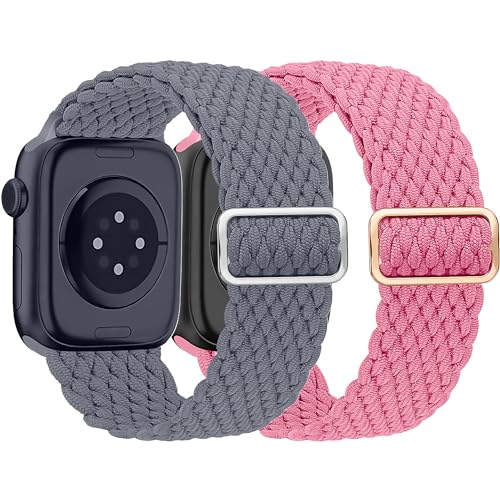 HalfYue Geflochtenes Armband Kompatibel mit Apple Watch Armband 42mm 44mm 45mm 49mm für Männer/Frauen, Verstellbares Elastisches Nylon Armband für iWatch Series 9/8/7/6/5/4/3/2/1/Ultra2/SE, 2 Stück von HalfYue