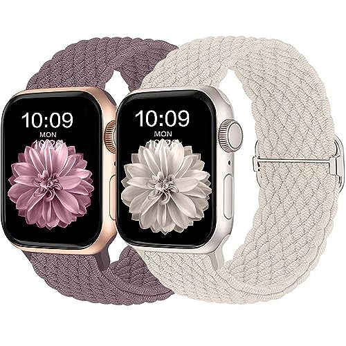 HalfYue Geflochtenes Armband Kompatibel mit Apple Watch Armband 42mm 44mm 45mm 49mm für Männer/Frauen, Verstellbares Elastisches Nylon Armband für iWatch Series 9/8/7/6/5/4/3/2/1/Ultra2/SE, 2 Stück von HalfYue