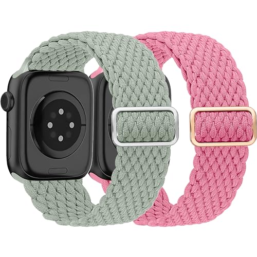 HalfYue Geflochtenes Armband Kompatibel mit Apple Watch Armband 42mm 44mm 45mm 49mm für Männer/Frauen, Verstellbares Elastisches Nylon Armband für iWatch Series 9/8/7/6/5/4/3/2/1/Ultra2/SE, 2 Stück von HalfYue