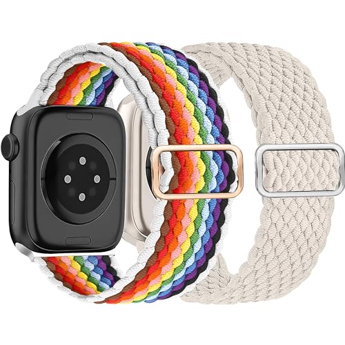 HalfYue Geflochtenes Armband Kompatibel mit Apple Watch Armband 42mm 44mm 45mm 49mm für Männer/Frauen, Verstellbares Elastisches Nylon Armband für iWatch Series 9/8/7/6/5/4/3/2/1/Ultra2/SE, 2 Stück von HalfYue