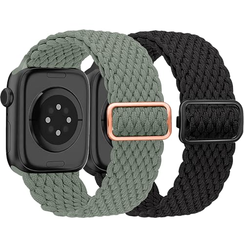 HalfYue Geflochtenes Armband Kompatibel mit Apple Watch Armband 42mm 44mm 45mm 49mm für Männer/Frauen, Verstellbares Elastisches Nylon Armband für iWatch Series 9/8/7/6/5/4/3/2/1/Ultra2/SE, 2 Stück von HalfYue