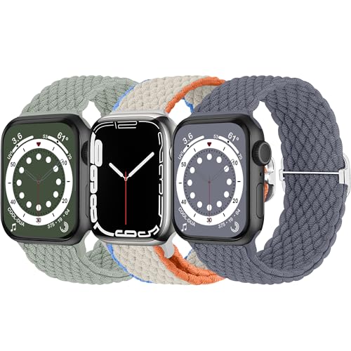 HalfYue Geflochtenes Armband Kompatibel mit Apple Watch Armband 42mm 44mm 45mm 49mm für Männer/Frauen, Verstellbares Elastisches Nylon Armband für iWatch Series 9/8/7/6/5/4/3/2/1/Ultra2/SE, 3 Stück von HalfYue