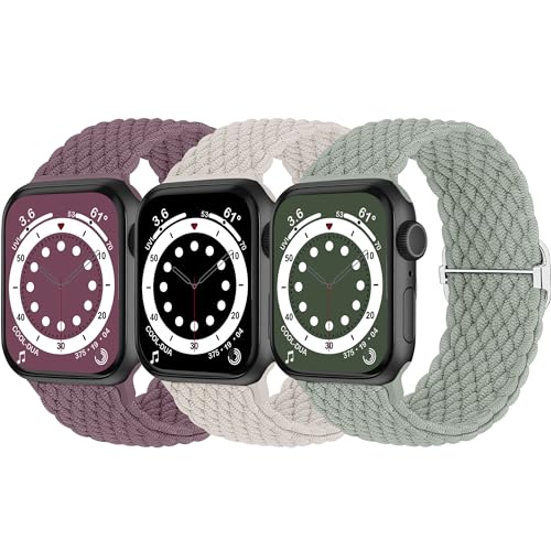 HalfYue Geflochtenes Armband Kompatibel mit Apple Watch Armband 42mm 44mm 45mm 49mm für Männer/Frauen, Verstellbares Elastisches Nylon Armband für iWatch Series 9/8/7/6/5/4/3/2/1/Ultra2/SE, 3 Stück von HalfYue