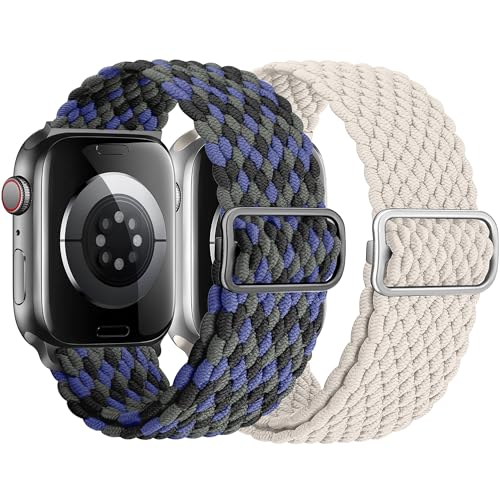 HalfYue Geflochtenes Solo Loop Band Kompatibel mit Apple Watch Armband 38mm 40mm 41mm für Männer/Frauen, Verstellbares Elastisches Nylon Armband für iWatch Series 9/8/7/6/5/4/3/2/1/Ultra2/SE, 2 Stück von HalfYue