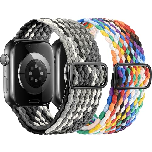 HalfYue Geflochtenes Solo Loop Band Kompatibel mit Apple Watch Armband 38mm 40mm 41mm für Männer/Frauen, Verstellbares Elastisches Nylon Armband für iWatch Series 9/8/7/6/5/4/3/2/1/Ultra2/SE, 2 Stück von HalfYue