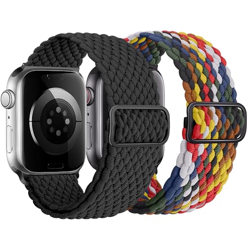 HalfYue Geflochtenes Solo Loop Band Kompatibel mit Apple Watch Armband 42mm 44mm 45mm 49mm für Männer/Frauen, Elastisches Nylon Armband für iWatch Series 9/8/7/6/5/4/3/2/1/Ultra2/SE, 2 Stück von HalfYue