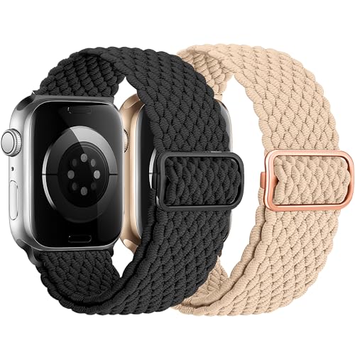 HalfYue Geflochtenes Solo Loop Band Kompatibel mit Apple Watch Armband 42mm 44mm 45mm 49mm für Männer/Frauen, Elastisches Nylon Armband für iWatch Series 9/8/7/6/5/4/3/2/1/Ultra2/SE, 2 Stück von HalfYue