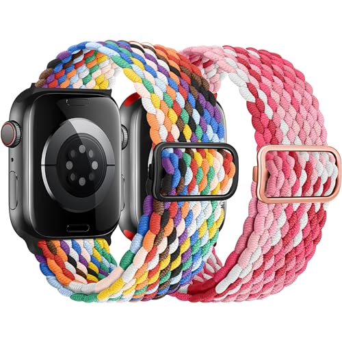 HalfYue Geflochtenes Solo Loop Band Kompatibel mit Apple Watch Armband 42mm 44mm 45mm 49mm für Männer/Frauen, Elastisches Nylon Armband für iWatch Series 9/8/7/6/5/4/3/2/1/Ultra2/SE, 2 Stück von HalfYue