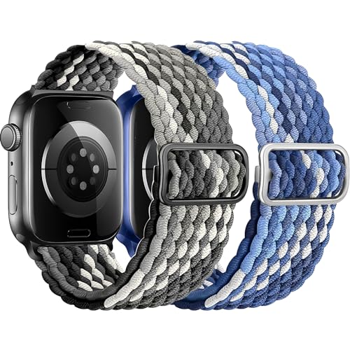 HalfYue Geflochtenes Solo Loop Band Kompatibel mit Apple Watch Armband 42mm 44mm 45mm 49mm für Männer/Frauen, Elastisches Nylon Armband für iWatch Series 9/8/7/6/5/4/3/2/1/Ultra2/SE, 2 Stück von HalfYue