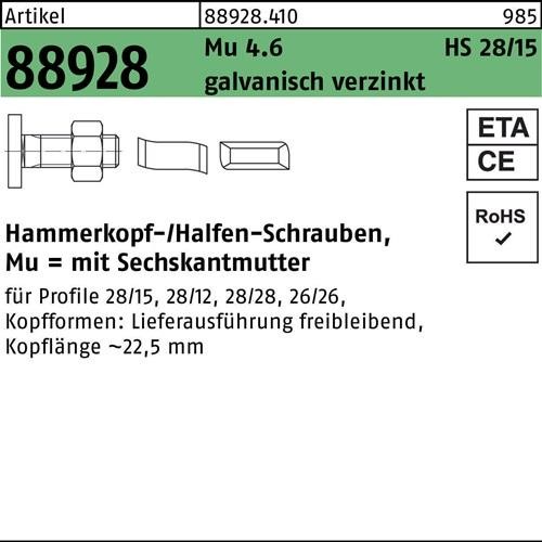 100 Stk. Halfen Hammerkopfschraube R 88928 28/15 6-ktmutter M8x80 Mu4.6 100 Stk. Halfen Hammerkopfschraube R 88928 28/15 6-ktmutter M8x80 Mu4.6 von Halfen-Deha